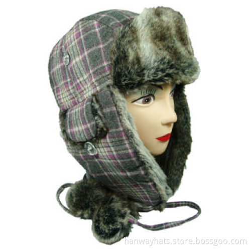 Fashionable plaid winter trapper cotton cap with tipper fur on front and earflap